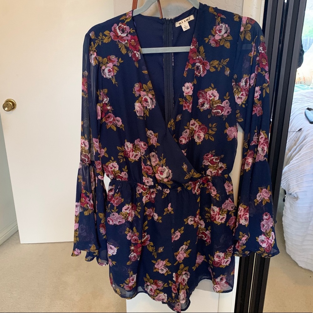 Blue floral romper long sleeve with pockets